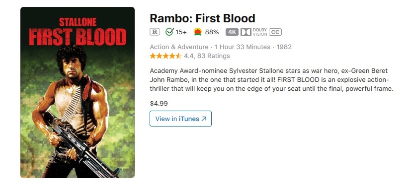 "Rambo I-III": Im ausländischen iTunes-Angebot in 4K mit Dolby-Vision-Bild